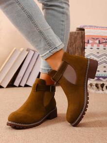 2025 Bestselling Brown Lace-Up Strap Buckle Short Boots For Women, Low Heel, Wide Fit, Chelsea Style, Fashion, Comfortable, Versatile - Brown - View 4