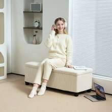 Storage Bench, Upholstered Bench With Corduroy Look, Storage Chest With Steel Legs, Storage Bench For Living Room, Bedroom, Entryway, 112 X 42 X 40 Cm, Beige - Apricot - View 2