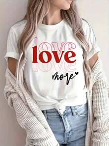 1pc Women's Valentine's Day Red  Print T-Shirt With Block Color Short Sleeve Top - Casual Round Neck H-Line Blouse,  Lettering For Date Nights & Casual Attire, Machine Washable (All-Season) - White 1 - View 1