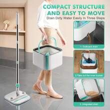 Upgraded Spin Mop And Bucket System Set, Self Separate Clean And Dirty Water, Foldable Square Standing Mop Head With Microfiber Mop Pads, Detachable Bucket (White+Blue, Mop Set With 2PC Pads) - MàuJ - Xem 7