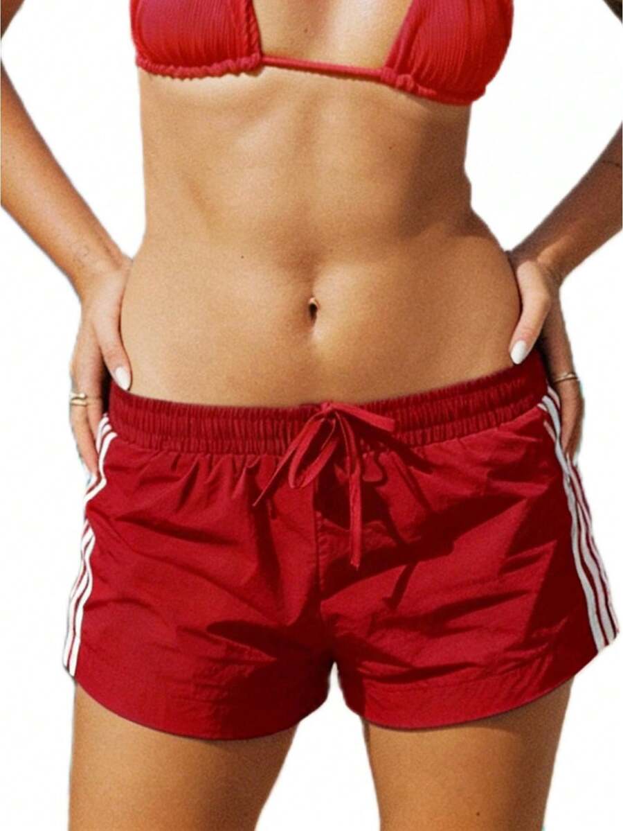 Womens Athletic Shorts, Elastic Waist Side Stripes Summer Sports Shorts Fitness Gym Summer Shorts Casual Shorts Loose Patchwork Workout Sweat Shorts - 紅色 - 查看 1