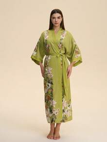 Cardigan kimono cu imprimeu midi, vintage, lejer, elegant, la modă artistică, stil midi, halat de baie casual cu curea, halat de baie pentru plajă de vară - Verde lime - Vizualizare 3