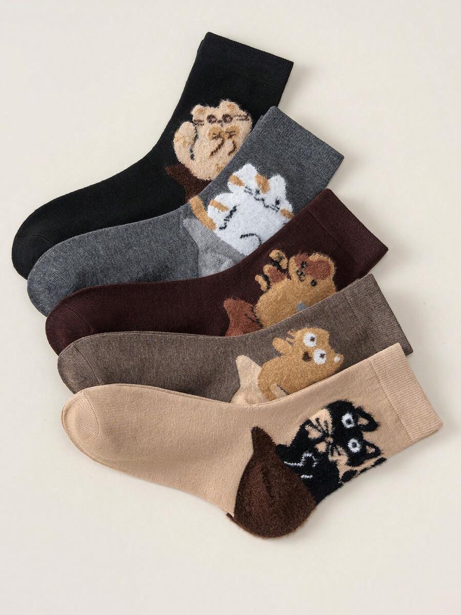 1/5 Pairs Of Women's Cartoon Cat-Patterned Stockings, New Year Stockings, Valentine's Day Stockings, Easter Stockings, Couple Stockings, Comfortable And Warm Elegant And Cute Girlish Happy Stockings, Suitable For Modern Home, Sleep, Fashion, Sports, Casual Daily Wear, Comfortable Outdoor Women's Stockings - Multicolor - View 1