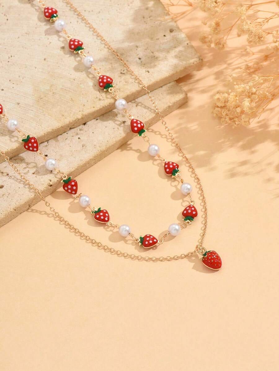 Set de 2 collares con colgante de fresa, collar de capas con fresa colorida y versátil para adolescentes, longitud de cadena ajustable - Multicolor - Ver 1