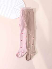 2pcs Baby Girls' Cute Cherry Blossom Pattern Stirrup Tights, Suitable For Everyday Wear - Multicolor - View 5