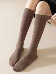 1 Đôi tất cao đến đầu gối có gân bằng cotton trơn màu dành cho nữ, phong cách tối giản thời trang dành cho học sinh - Nhiều màu - Xem 3