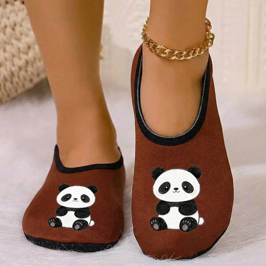 Spring And Summer Women's Slippers, Cute Chinese Panda Print Elastic Sock Cover Design, Indoor Floor Slippers, Breathable Soft Bottom Thin Velvet Yoga Slippers, Machine Washable