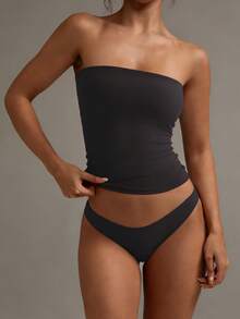 XLLAIS Áo tank top crop không dây gợi cảm, áo bra yoga ôm sát màu trơn thời trang, kiểu dáng casual mùa hè. - Màu xám đen - Xem 4