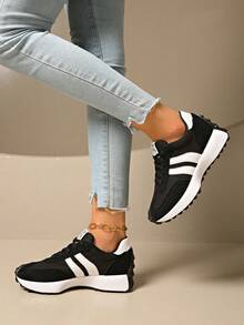Shoes Retro Chunky Sneakers Instep Bulky Running Sneakers For Women, Shoes For Women,Women's Comfortable Lace-Up Sneakers - Lightweight Multifunctional Casual Shoes, Non-Slip Rubber Sole, Suitable For All Seasons - 黑色 - 查看 4