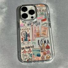 Estuche suave y elegante 1pc con collage de pegatinas temáticas de viaje compatible con 17, 16, 15, 14, 13, 12, 11 Pro, 14, 16E Plus, XS, XR, X, 8,, SE 2020. Funda de Silicona Amortiguadora: Protege tu Teléfono de Cada Caída. - 1 pieza - Ver 2
