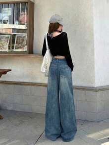 YEAE | Women's Casual Long Straight Leg Jeans, With Buttons, Zipper And Pockets, Non-Stretch Fabric, Blue Washed - Medium Wash - View 3