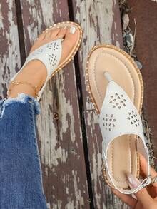 镂空沙滩平底凉鞋，波西米亚风PU皮革镂空趾人字拖，沙滩搭扣套脚时尚优雅女鞋 - 白色 - 查看 6
