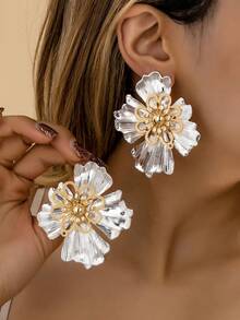 一对时尚创意大花朵合金耳环，适合日常通勤和情人节佩戴 - 金黃色 - 查看 13