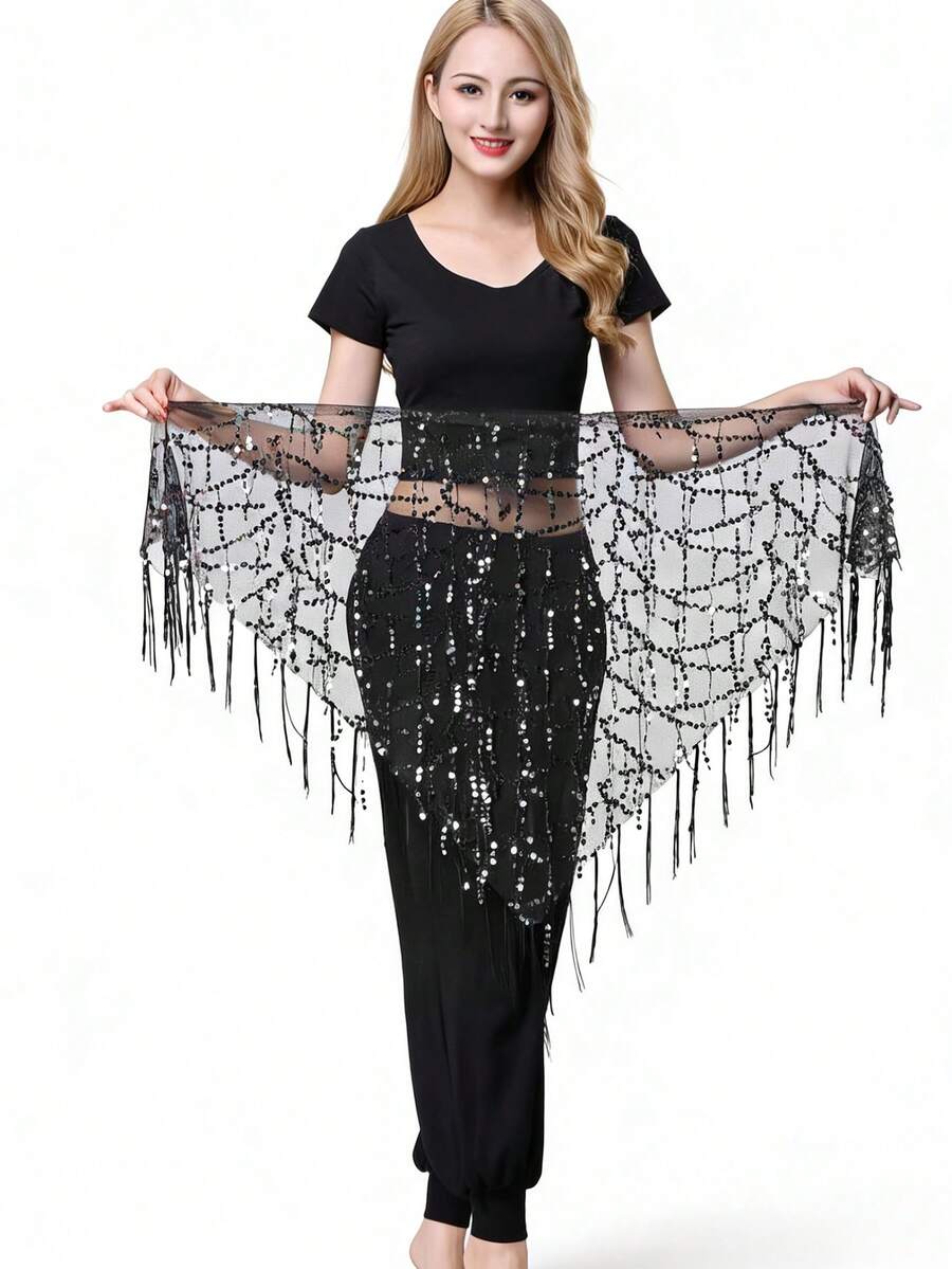 1pc Women's Sequin Fringe Mesh Shawl Casual Cover Up Versatile Shrug, Suitable For Daily Wear - Multicolor - View 1