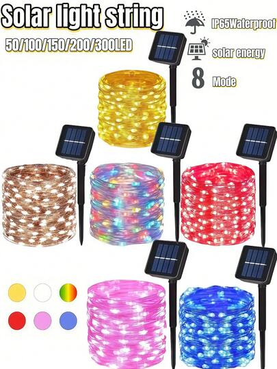 1PC Outdoor Solar Light String -300/200/150/100/50LED, Solar Copper Wire Light, IP65 Waterproof Fairy Light, 8 Lighting Modes, Outdoor Solar Garden Light, Suitable For Garden, Terrace, Wedding, Camping, Party, Courtyard, Christmas Tree Decoration, Christmas, Halloween, Decorative Lights (Warm White/White/Color/Blue/Pink/Red)