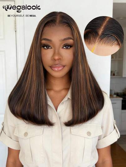 MEGALOOK Peluca de cabello humano liso con doble capa y destellos, 30#, de 10-20 pulgadas de largo estilo bob, cabello virgen brasileño de lujo con color destacado. Tapa duradera y transpirable, adecuada para uso diario, oficina, fiesta, cosplay, escuela, vacaciones, Navidad, boda, cita, uso casual.