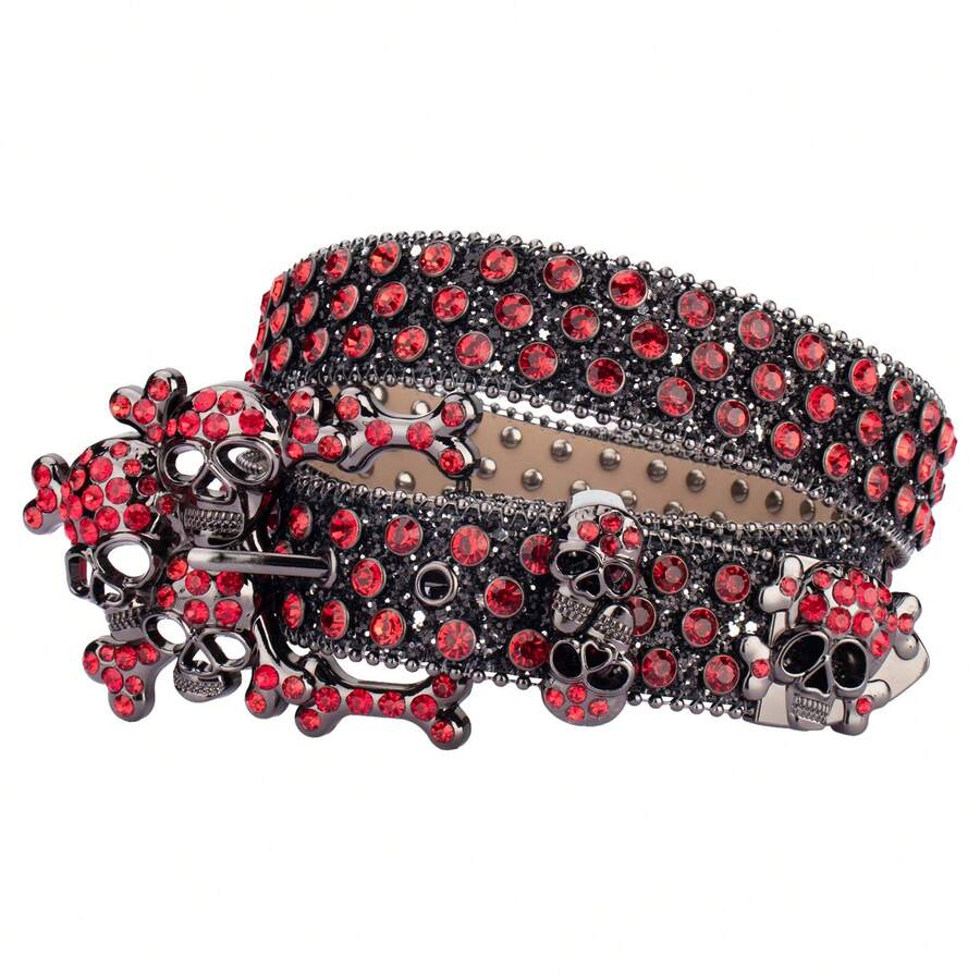 Handmade Western Women's Rhinestone Skull Buckle Set Leather Belt High Quality Crystal Studded Belt Strap, Gift For Women Christmas - 紅色 - 查看 1