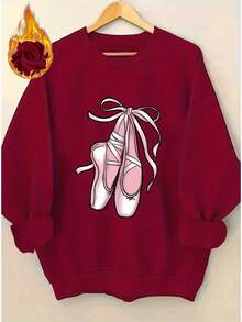2026 Valentine Outfits For Women Pink Ballet Shoes Pattern Fleece-Lined Thickened Pullover Sweatshirt - Comfortable Casual Round Neck Long Sleeve, Suitable For All Seasons, Machine Washable, Ballet Decoration, Daily Comfort, Durable Soft Fabric, Fashionable Homewear, Thickened Printed Hoodie Loose And Comfortable Valentine's Day - 黑色 - 查看 6