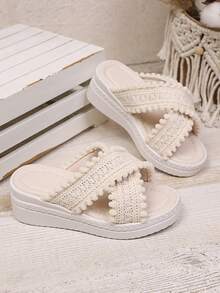 1 Pair Beige Platform Slip-On Textured Strap Chunky Sole Fashion Beach/Summer Girls Sandals - Beige - View 1