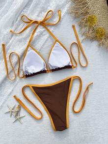 Women's Colorblock Tie Side Bikini Set. Crafted From High-Stretch Skin-Friendly Fabric For A Comfortable Fit. The Contrast Trim Creates A Retro, Eye-Catching Look, While The Triangle Cup And Tie-Side Design Offer Adjustable Fit. The Slim Silhouette Flatters Your Curves, Making It Ideal For Vacations And Seaside Outings, Perfect For A Vintage Beach Style. Summer - Coffee Brown - View 4