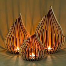 3件套木质烛台 - 螺旋雕刻乡村小屋装饰，三种尺寸（小/中/大） - 农舍风格烛台，适用于家居/婚礼/派对 - 圣诞村装饰、节日中心摆件、新年餐桌装饰、流行乡村照明、冬季温馨照明 - 彩色 - 查看 4