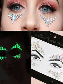1pc Face Jewel Luminous Makeup Temporary Tattoo Sticker, Acrylic Crystal Glitter Sticker, Rainbow Teardrop Rhinestone Suitable For Valentine's Day, Halloween, Party, Rave - Multicolor - View 7
