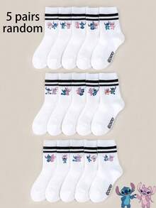 Disney 1/5 Pairs Stitch, Angel Pattern Women's Socks, "Lilo & Stitch" Cartoon, Black Double Bar White Mid-Calf Socks, Women's Short Socks, Soft Comfortable Breathable Ankle Socks, Non-Slip Boat Socks, Cool Cartoon Pattern Ankle Socks, Cute Casual Style, Daily Wear/Party Gifts/Easter/Summer, Multicolor Socks, Blue Series Socks, Cartoon Fun, - Multicolor - View 7