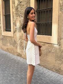VIBEWAVE Summer European And American Style Polka Dot Print Deep V-Neck Tie Strap Zipper Backless Bodycon Mini Dress For Women - White - View 5