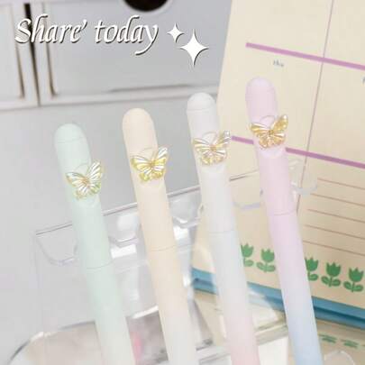 4支装蝴蝶主题渐变色中性笔套装，0.5mm超细CS笔尖，旋转按压式设计，高颜值风格，可爱卡通造型，速干大容量黑色墨水笔，适用于书写、签名、记笔记、DIY、办公、学习、日记等，是日记爱好者、学生、上班族的理想之选。