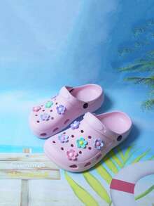 2025新款儿童青少年木屐，DIY花朵装饰，时尚可爱夏季男女宝宝凉鞋，EVA儿童沙滩鞋，亲子装，休闲穿着，上学穿，防滑耐穿，多功能 - 粉色 - 查看 3