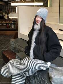 女士仿麂皮绒抓绒外套，秋冬季加厚羽绒服 - 黑色 - 查看 6