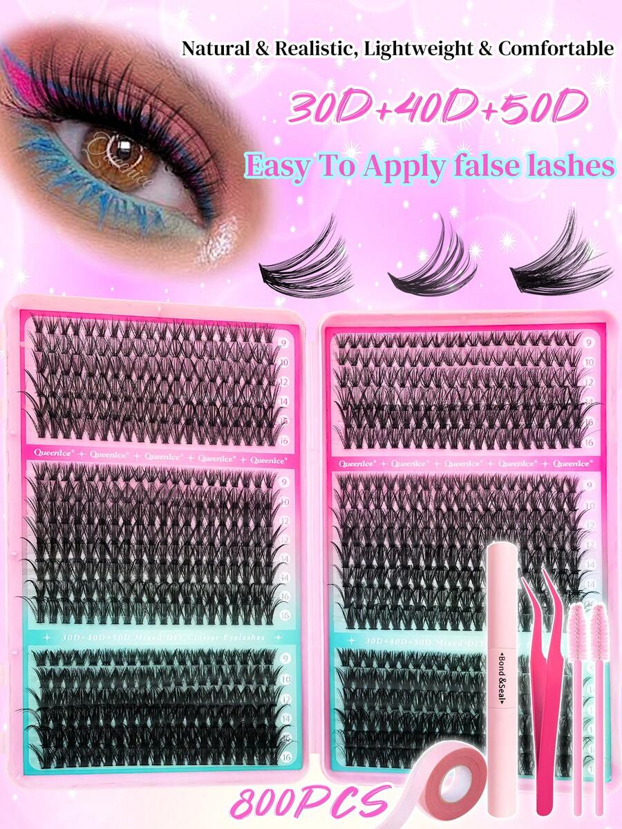 800片装超值假睫毛套装，30D+40D+50D卷翘度，浓密蓬松，打造自然猫眼效果，附赠胶水和必要工具，易于佩戴，新手友好，适合居家DIY及各种场合。