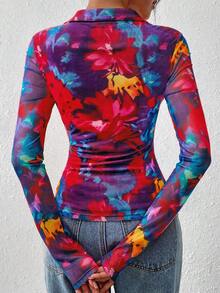 Women Button Down Floral Shirts  Fall Long Sleeve V Neck Ruched Fitted Mesh Blouse Tops Date Outfits Valentine's Day Vacation Fall Clothes For Women - 番紅大花 - 查看 2