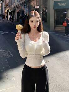 Hollow Wave V-Neck Knit Top For Women, Autumn, Design Sense Tie-Up Long Sleeve Sweater - White - View 10