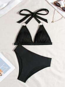 Women's Summer Beach 2 Pieces Bikini Set - Black Casual Elegant Backless Tie Swimsuit, Striped Textured Fabric, Suitable For Vacation - Black - View 2