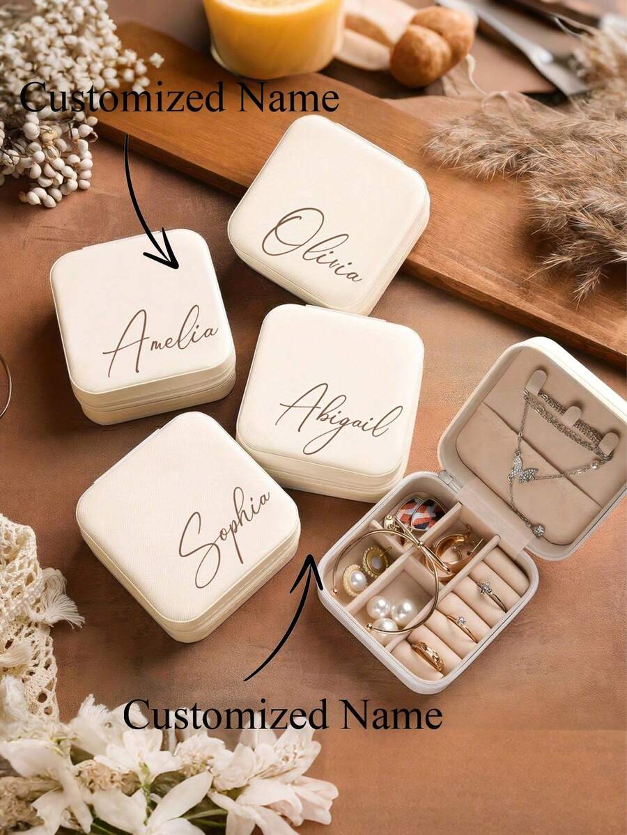 Personalized Beige Jewelry Box, Customizable Name - Large Name Printed At Bottom Right, Elegant Travel Jewelry Box, Suitable For Bridesmaids, Couples And Gifts, Fabric Lining, Zipper Closure, Classic Style, Jewelry Gift Box, Jewelry Box