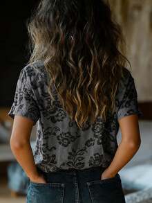 YI XUAN Plus Size Women's Retro Printed Fashion Shirt, Front Double Pocket Design, Short Sleeve Blouse Vacation Summer - Dark Grey - View 3