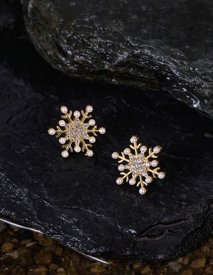 Opalesca 1 对简约优雅雪花设计人造珍珠镶嵌玻璃耳钉，适合女性日常、通勤和节日 - 金黃色 - 查看 1