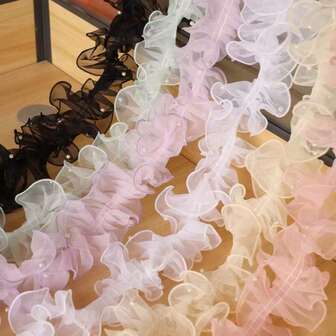 1 Roll/1 Meter, 12cm Wide, Densely Pleated Pearl Embroidered Sheer Lace Ribbon, Floral Craft Packaging Ribbon, Bouquet Satin Ribbon, Shiny Pearl Wave Chiffon Ribbon.