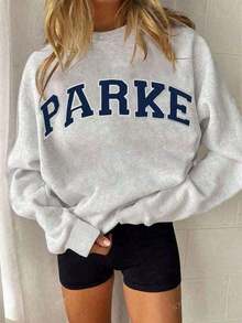 Women's Casual "PARKE" Letter Print Loose Pullover Sweatshirt, Encountering Lazy Fashion. - 淺灰色 - 查看 2