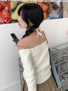 性感露肩挂脖吊带背心，短款针织毛衣上衣 - 白色 - 查看 6