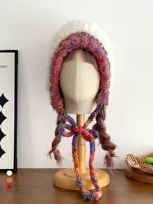 1pc Handmade Crocheted High-Quality Knitted Hat For Women, Autumn/Winter Wool Balaclava Warm Hat Scarf Set, Knitted Beanie With Scarf And Ear Warmer - Multicolor - View 8