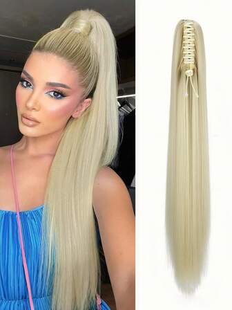 Extensiones de cabello de cola de caballo de 26 pulgadas y 150 g/paquete, cabello sintético largo y liso, piezas de cabello falso con pinza de agarre para extensiones de cola de caballo para mujeres, fibra resistente a altas temperaturas (Rubio)