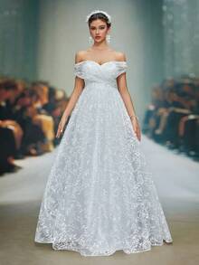 Anpoket New Arrival Off Shoulder Feminine Wedding Dress Embroidery Crimping A-Line Dress - White - View 3