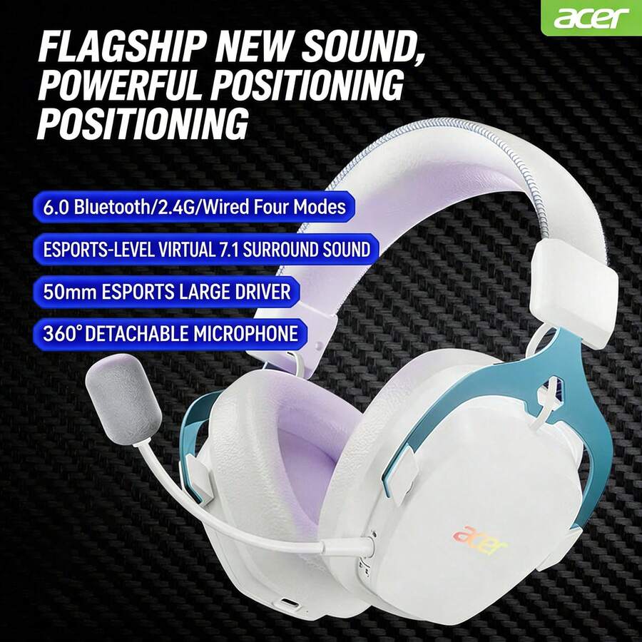 Acer OHR614 Over-Ear Quad-Mode Wireless Gaming Headset: Bluetooth/Wired Dual-Mode Switching, 7.1 Surround Sound With Precise Positioning, Dedicated For Gaming, Compatible With PCs And Multiple Devices. - White and Blue - View 1
