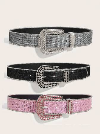 1条女士水钻扣腰带，时尚Y2K亮片腰带，复古美式千禧风格真皮腰带，独特设计，适合日常佩戴，黑银色