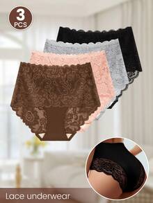 MEIYATING 3pcs/Pack Women's High Waist Lace Panties, Slimming, Hollow-Out, Sexy, Floral - Multicolor - View 6