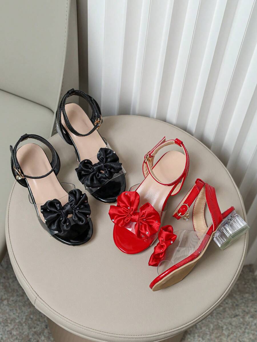1 Pair New Children's Sandals, Fashionable High Heel Sandals, Pretty Girl's Choice, Rhinestone Bow Tie Sandals, Bohemian Style, Perfect Princess Sandals Design, Red High Heel Dance Sandals, High School & College Student Sandals - Red - View 1