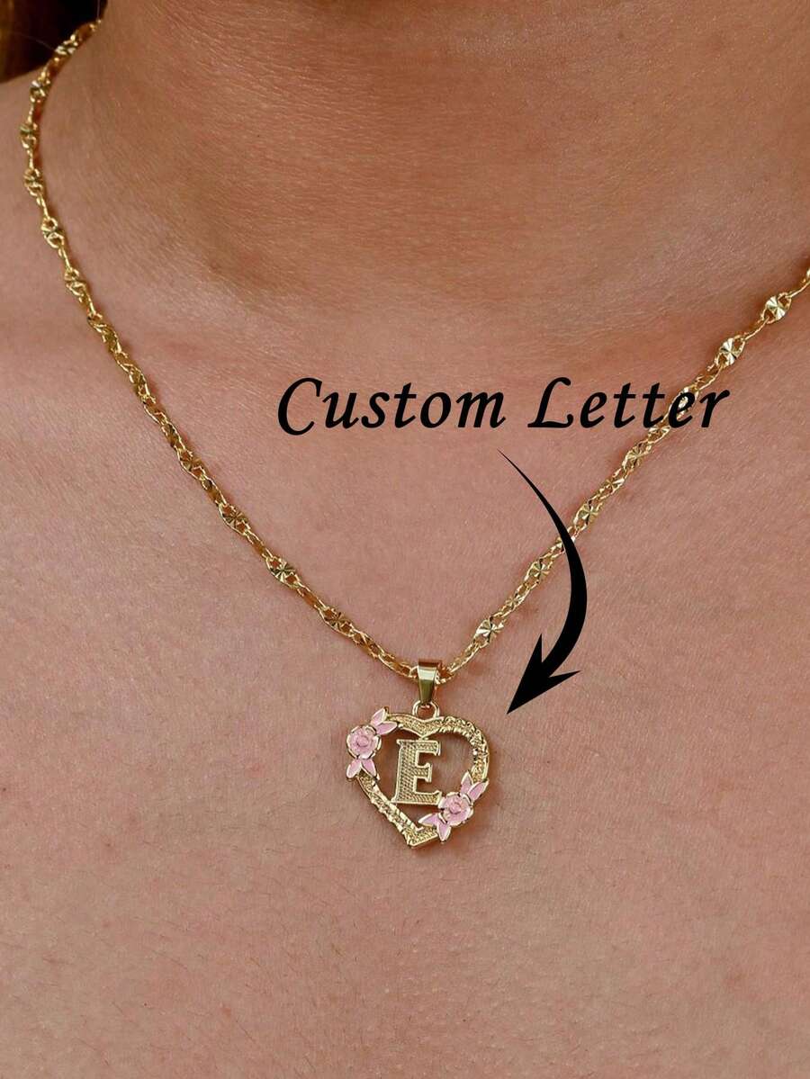 Customized Letter & Floral Necklace, Hollow Heart Flower Letter Necklace, Elegant Clavicle Chain Jewelry, Customized Letter & Floral Pendant Necklace, Unique Valentine's Day Gift - Gold - View 1