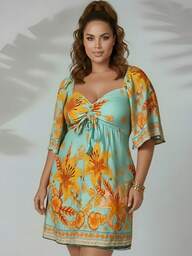 MeimiAmores Meimi Vestido Floral Plus Size Curto Soltinho Acinturado Manga Curta Passeio G1 G2 Primavera Verão Leve Estilo Boho